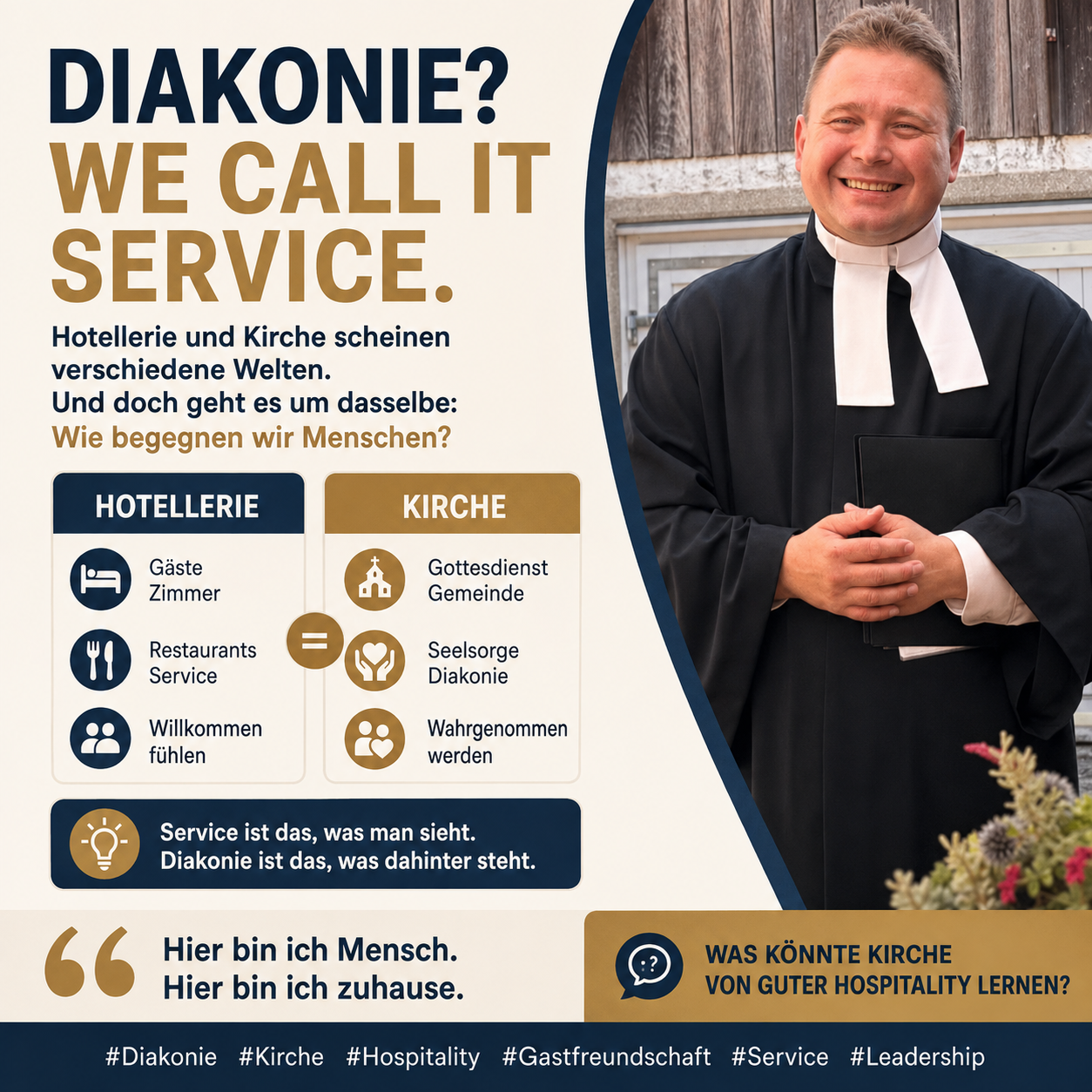LinkedIn-Motiv mit Emanuil Dragnev und dem Vergleich von Hotellerie und Kirche unter dem Titel Diakonie? We call it Service.